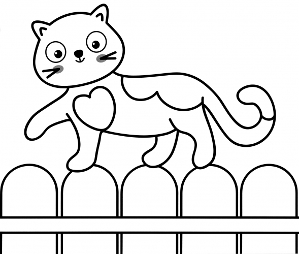 Cat walks on the fence coloring page