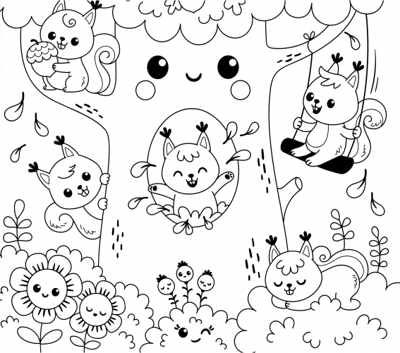 Kawaii squirrels in a tree coloring page