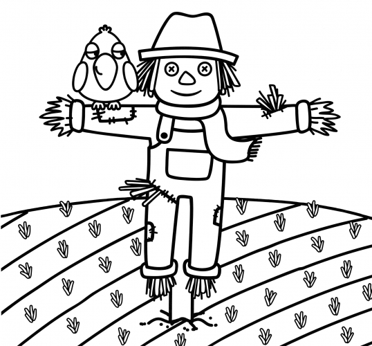 Scarecrow with a bird coloring page