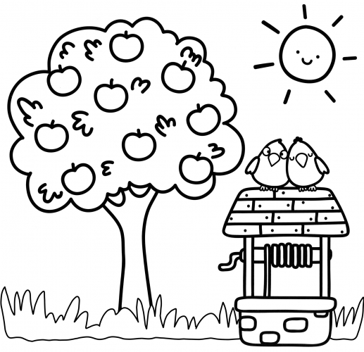 The well and the birds coloring page